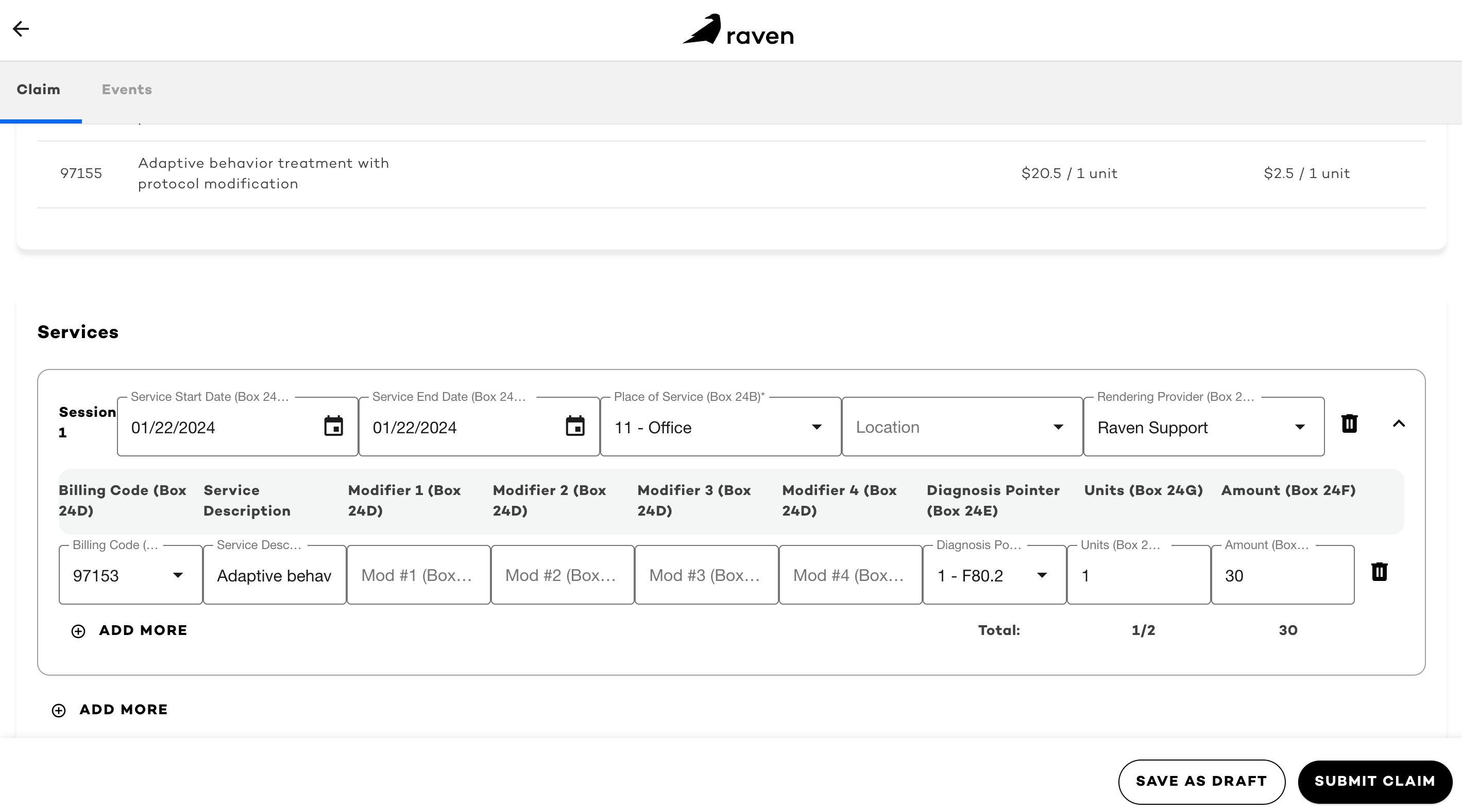 Screenshot of Raven app scheduling area